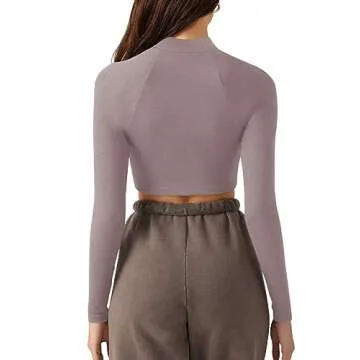 LASLULU Long Sleeve Workout Jacket Crop Tops Active Yoga Athletic Sweatshirts Zipper Up Seamless Gym Sport Going Out Tops(Gray Purple Small)