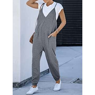 AlvaQ Gray Jumpsuits Summer Baggy Overalls One Piece Jumpsuit Womens Comfy Spaghetti Strap Loose Long Rompers for Women with Pocket Spring Outfits Large