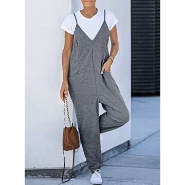 AlvaQ Gray Jumpsuits Summer Baggy Overalls One Piece Jumpsuit Womens Comfy Spaghetti Strap Loose Long Rompers for Women with Pocket Spring Outfits Large