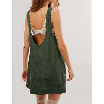 Hooever Women's Corduroy Overall Dress Round Neck A Line Skirtall Jumper Mini Dress Pinafore with Po...