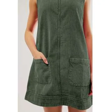 Hooever Women's Corduroy Overall Dress Round Neck A Line Skirtall Jumper Mini Dress Pinafore with Pockets(DarkGreen-XS)