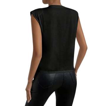 GORGLITTER Women's Pearls Beaded Elegant Shirts Casual Sleeveless Shoulder Pad Tee Top Blouse T-Shirt Black Large