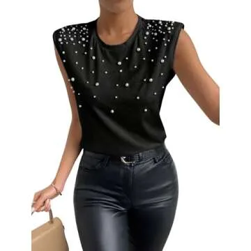GORGLITTER Women's Pearls Beaded Elegant Shirts Casual Sleeveless Shoulder Pad Tee Top Blouse T-Shirt Black Large