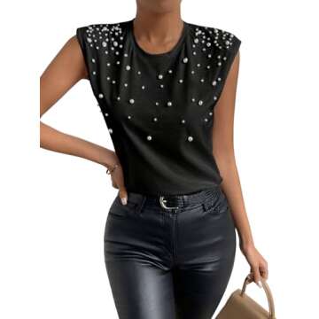 GORGLITTER Women's Pearls Beaded Elegant Shirts Casual Sleeveless Shoulder Pad Tee Top Blouse T-Shirt Black Large