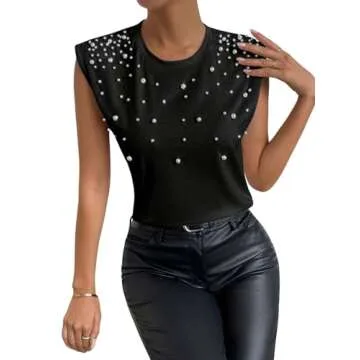 GORGLITTER Women's Pearls Beaded Elegant Shirts Casual Sleeveless Shoulder Pad Tee Top Blouse T-Shirt Black Large