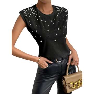 GORGLITTER Women's Pearls Beaded Elegant Shirts Casual Sleeveless Shoulder Pad Tee Top Blouse T-Shirt Black Large