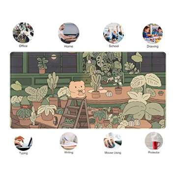 Cute Desk Mat Kawaii Bear Mousepad Cute Anime Plant Desk Protector, Kawai Aesthetic Brown and Green Forest Keyboard Mat, Large Mouse Pad XXL Gaming Desk Pad XL Office Home Decor for Women Girls