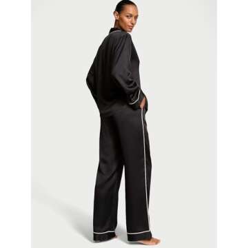 Victoria's Secret Satin Pajama Set, Long Sleeve Button Down & Pants, Pajamas for Women, Black Logo, L