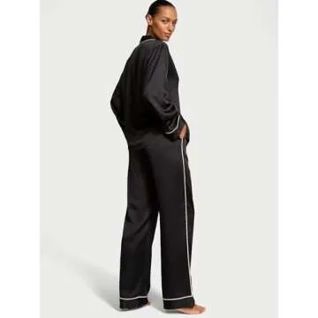 Victoria's Secret Satin Pajama Set, Long Sleeve Button Down & Pants, Pajamas for Women, Black Logo, L