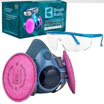 Breath Buddy Respirator Mask (Plus Safety Glasses) Reusable Professional Breathing Protection Against Dust, Lead Paint (750P3)