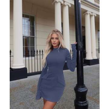 OFEEFAN Fall Fitted Mini Dress for Women Homecoming Turtleneck Dresses Blue S