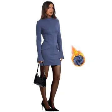 OFEEFAN Fall Fitted Mini Dress for Women Homecoming Turtleneck Dresses Blue S