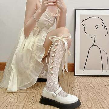 Benefeet Sox Womens Girls Cute White Lace Knee High Socks Bow Fishnet Stockings Fancy Decorated Flower Sheer Mesh Knee Highs Stockings Transparent See Through Thin Long Socks Wedding Gifts, Rose & Bow