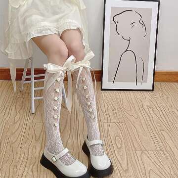 Benefeet Sox Womens Girls Cute White Lace Knee High Socks Bow Fishnet Stockings Fancy Decorated Flower Sheer Mesh Knee Highs Stockings Transparent See Through Thin Long Socks Wedding Gifts, Rose & Bow