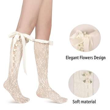 Benefeet Sox Womens Girls Cute White Lace Knee High Socks Bow Fishnet Stockings Fancy Decorated Flower Sheer Mesh Knee Highs Stockings Transparent See Through Thin Long Socks Wedding Gifts, Rose & Bow