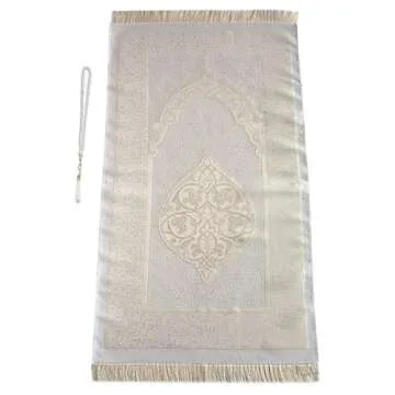 Muslim Prayer Rug and Prayer Beads with Elegant Design Cylinder Gift Box | Janamaz | Sajadah | Soft Islamic Prayer Rug | Islamic Gifts Set | Prayer Carpet Mat, Taffeta Fabric, White / Mod2
