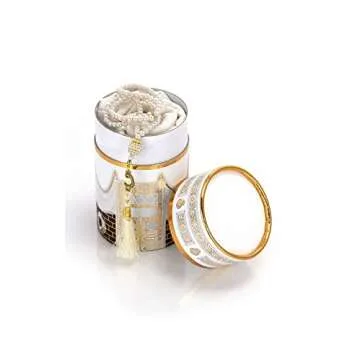 Muslim Prayer Rug and Prayer Beads with Elegant Design Cylinder Gift Box | Janamaz | Sajadah | Soft Islamic Prayer Rug | Islamic Gifts Set | Prayer Carpet Mat, Taffeta Fabric, White / Mod2