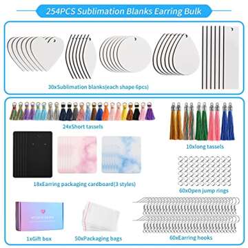 MAFYE 254pcs Sublimation Blanks Products, Sublimation Earring Blanks with Earring Hooks,Tassels, Jump Rings, Present Box Sublimation Ornament Blanks for Christmas DIY Craft Jewelry Making