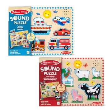 Melissa & Doug Wooden Light-Activated Sound Puzzle 2-Pack for Toddler and Preschool Boys and Girls – Farm Animals, Vehicles