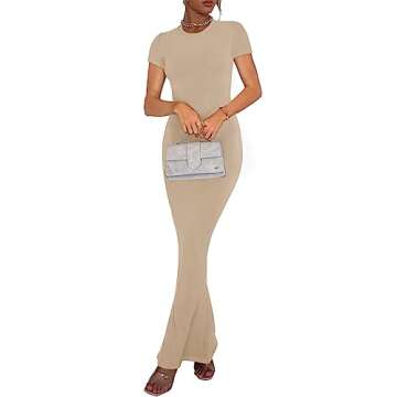 REORIA Women's Summer Sexy Casual Lounge Long Dress Elegant Wedding Guest Short Sleeve Crew Neck Bodycon Maxi Dresses Khaki Large