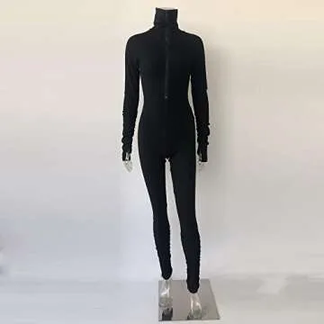 XLLAIS Women's Long Sleeve High Neck Zipper Bodycon Tight Full Length Jumpsuits Rompers One Piece Outfits Black M