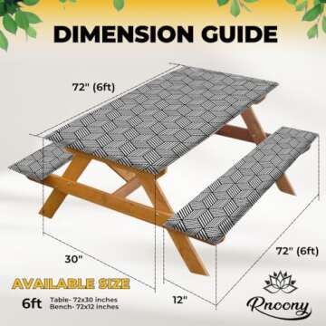 RNOONY 6ft Polyester Picnic Table Cover with Bench Covers Windproof & Waterproof Tablecloth, Perfect...