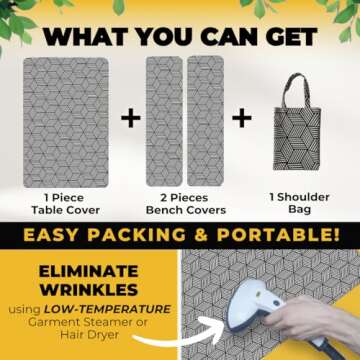 RNOONY 6ft Polyester Picnic Table Cover with Bench Covers Windproof & Waterproof Tablecloth, Perfect for Camping Gifts & RV Essentials, Cool Camping Gadgets with Carrying Bag, 72x30 Inches,4Pcs,White