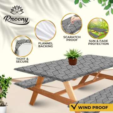 RNOONY 6ft Polyester Picnic Table Cover with Bench Covers Windproof & Waterproof Tablecloth, Perfect for Camping Gifts & RV Essentials, Cool Camping Gadgets with Carrying Bag, 72x30 Inches,4Pcs,White