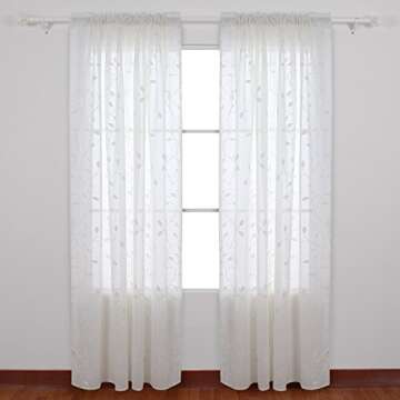 Deconovo Floral Embroidered Semi Sheer Curtains Leaves Patterned Faux Linen Rod Pocket Curtains for Bedroom 52x63 Inch Beige