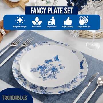Trendables 80 Piece Plastic Disposable Plates Set For 40 Guests I 40 X 8 Inch Dessert Plates & 40 X 10 Inch Disposable Plastic Plates | Wedding Party Plates | White & Blue Floral Design
