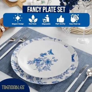 Trendables 80 Piece Plastic Disposable Plates Set For 40 Guests I 40 X 8 Inch Dessert Plates & 40 X 10 Inch Disposable Plastic Plates | Wedding Party Plates | White & Blue Floral Design