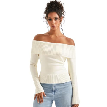 SUUKSESS Women Off Shoulder Sweater Long Sleeve Ribbed Knit Pullover Sweater Tops Going Out Fall Shirt (White, S)