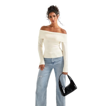 SUUKSESS Women Off Shoulder Sweater Long Sleeve Ribbed Knit Pullover Sweater Tops Going Out Fall Shirt (White, S)