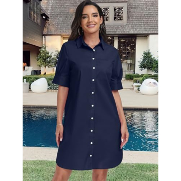 ANRABESS Womens Button Down Shirt Dress with Pockets Short Sleeve Loose Business Casual Summer Beach Tunics Dresses Tops Navy Blue-Medium
