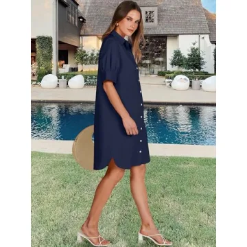 ANRABESS Womens Button Down Shirt Dress with Pockets Short Sleeve Loose Business Casual Summer Beach Tunics Dresses Tops Navy Blue-Medium