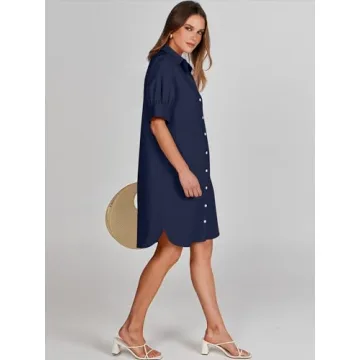 ANRABESS Womens Button Down Shirt Dress with Pockets Short Sleeve Loose Business Casual Summer Beach Tunics Dresses Tops Navy Blue-Medium