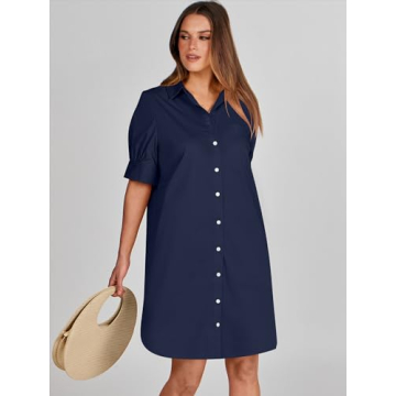 ANRABESS Womens Button Down Shirt Dress with Pockets Short Sleeve Loose Business Casual Summer Beach Tunics Dresses Tops Navy Blue-Medium