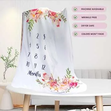 Baby Monthly Milestone Blanket for Boy Girl Soft Floral Memory Blanket Newborn Growth Chart Milestone Blanket Cute Photo Background Blanket with Wreath (51x40In)