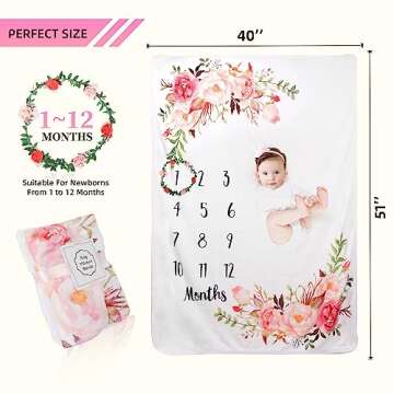 Baby Monthly Milestone Blanket for Boy Girl Soft Floral Memory Blanket Newborn Growth Chart Milestone Blanket Cute Photo Background Blanket with Wreath (51x40In)