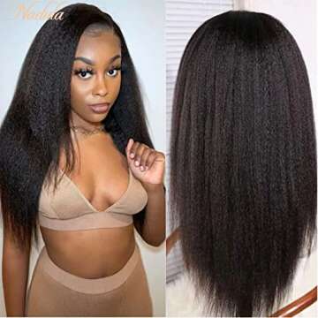 Nadula Kinky Straight 4x4 Lace Closure Wigs Human Hair for Women, Brazilian Lace Front Yaki Straight Wigs Pre Plucked with Baby Hair 150% Density Natural Color 16inch