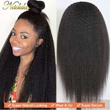 Nadula Kinky Straight 4x4 Lace Closure Wigs Human Hair for Women, Brazilian Lace Front Yaki Straight Wigs Pre Plucked with Baby Hair 150% Density Natural Color 16inch