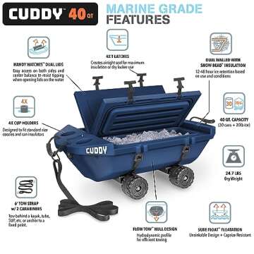 CUDDY Crawler Cooler with Wheels – 40 QT Amphibious Floating Cooler and Dry Storage Vessel - Navy