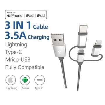 MICFLIP [Apple MFi Certified 3 in 1 Charging Cord Adapter with Lightning/Type-C/Micro USB Port Conne...
