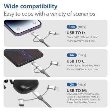 MICFLIP [Apple MFi Certified 3 in 1 Charging Cord Adapter with Lightning/Type-C/Micro USB Port Connectors for iPhone 15/14,iPad,Huawei, HTC,LG,Samsung Galaxy,Sony Xperia and More (1 Pack,3.4ft)