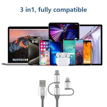 MICFLIP [Apple MFi Certified 3 in 1 Charging Cord Adapter with Lightning/Type-C/Micro USB Port Connectors for iPhone 15/14,iPad,Huawei, HTC,LG,Samsung Galaxy,Sony Xperia and More (1 Pack,3.4ft)