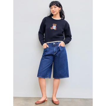 CIDER Womens Sweaters Fall Long Sleeve Bear Graphic Crewneck Sweater Soft Knit Casual Cropped Pullover Cute Fall Outfits 2024: Navy Blue, L