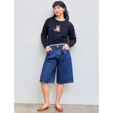 CIDER Womens Sweaters Fall Long Sleeve Bear Graphic Crewneck Sweater Soft Knit Casual Cropped Pullover Cute Fall Outfits 2024: Navy Blue, L