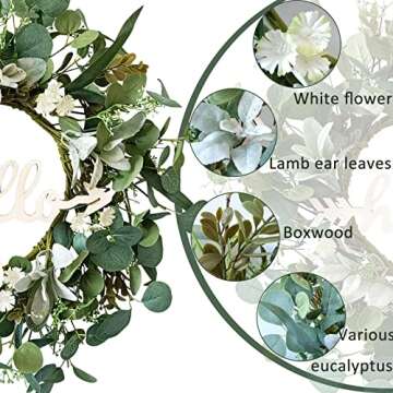 TOKCARE 22 Inch Eucalyptus Wreath with Hello Sign, Spring Summer Wreaths for Front Door Green Winter...