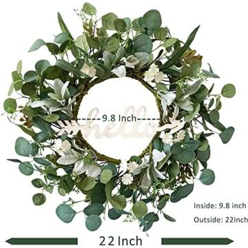 TOKCARE 22 Inch Eucalyptus Wreath with Hello Sign, Spring Summer Wreaths for Front Door Green Winter Wreaths for Front Door Windows,Porch,Fireplace,Indoors and Outdoor Home Decoration