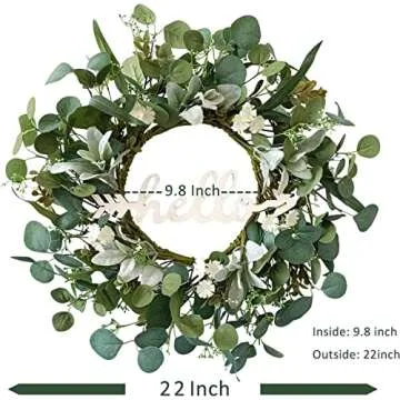 TOKCARE 22 Inch Eucalyptus Wreath with Hello Sign, Spring Summer Wreaths for Front Door Green Winter Wreaths for Front Door Windows,Porch,Fireplace,Indoors and Outdoor Home Decoration